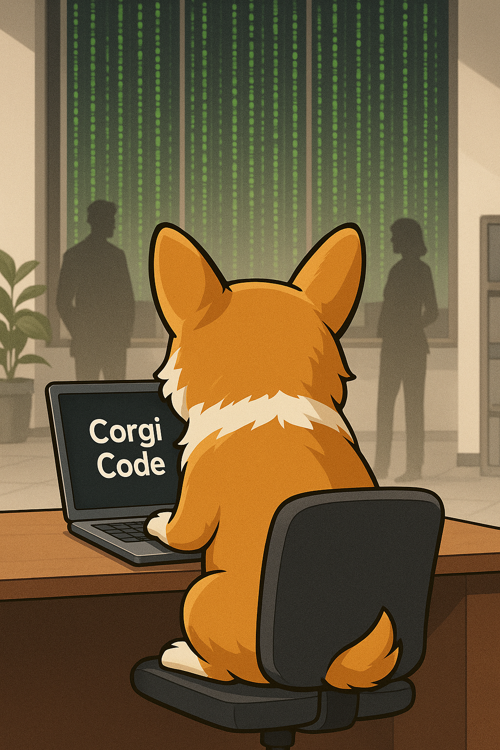 Corgi coding at a laptop