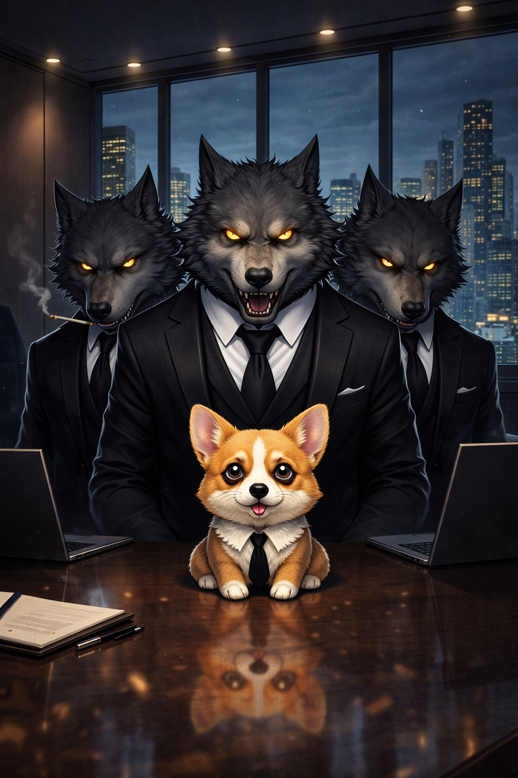 Corgi standing brave among wolves